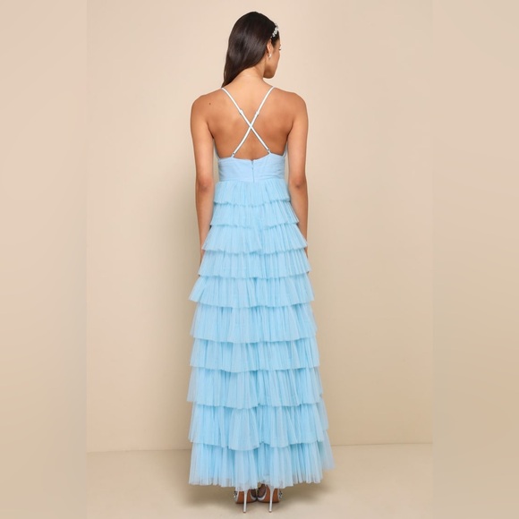 Lulus Radiant Event Light Blue Mesh Tiered Pleated Backless Maxi Dress - Picture 5 of 10